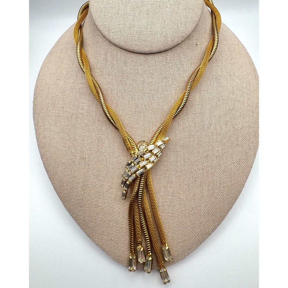Vintage Mesh Necklace Multi‎ Strand Baguette Rhinestone FJJ Gold Tone Y Drop